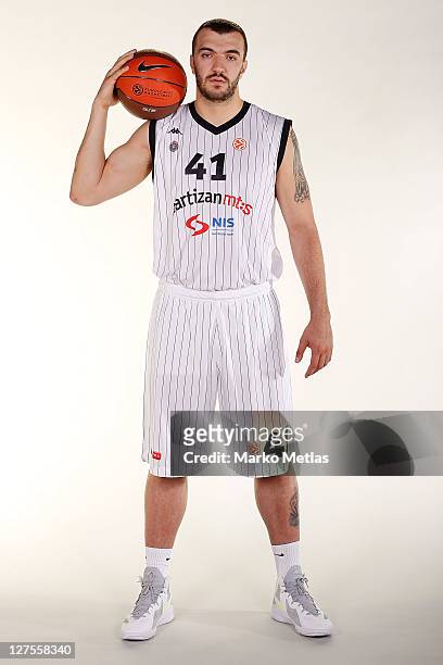 Nikola Pekovic of Partizan poses during the 2011/12 Turkish Airlines Euroleague Basketball Media day at Beograd Arena on September 28, 2011 in...