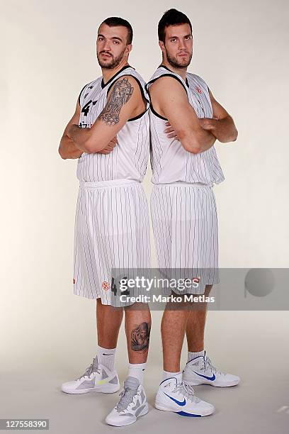 Nikola Pekovic and Miroslav Raduljica of Partizan poses during the 2011/12 Turkish Airlines Euroleague Basketball Media day at Beograd Arena on...