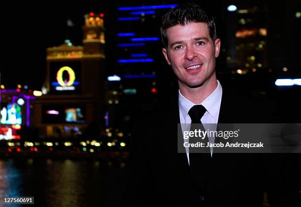 Robin Thicke arrives at Yellowtail Japanese Restaurant & Lounge at the Bellagio Hotel And Casino Resort on February 26, 2011 in Las Vegas, Nevada.