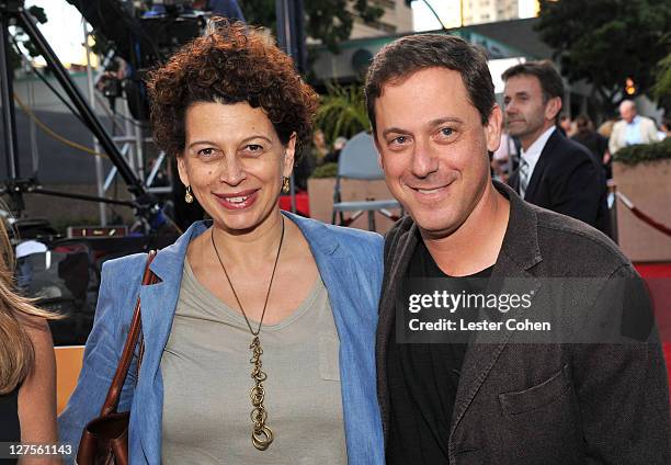 Universal Pictures Co-Chairman Donna Langley amd Universal Pictures Charimen Adam Fogelson arrive at the "Cowboys & Aliens" World Premiere at San...
