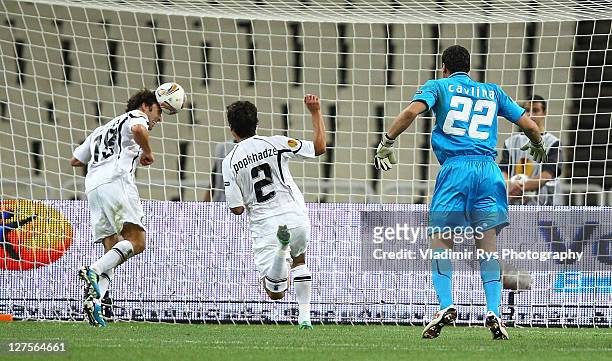 Joachim Standfest of Sturm scores an own goal during the UEFA Europa League Group L match between AEK Athens and Sturm Graz at OAKA Stadium on...