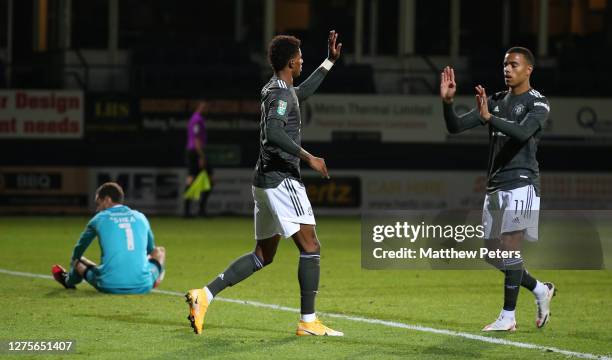 Marcus Rashford of Manchester United celebrates scoring their second goal during the Carabao Cup Third Round match between Luton Town and Manchester...