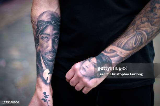 Graffiti artist shows off his Tupac tattoo on September 20, 2020 in Newcastle upon Tyne, United Kingdom.