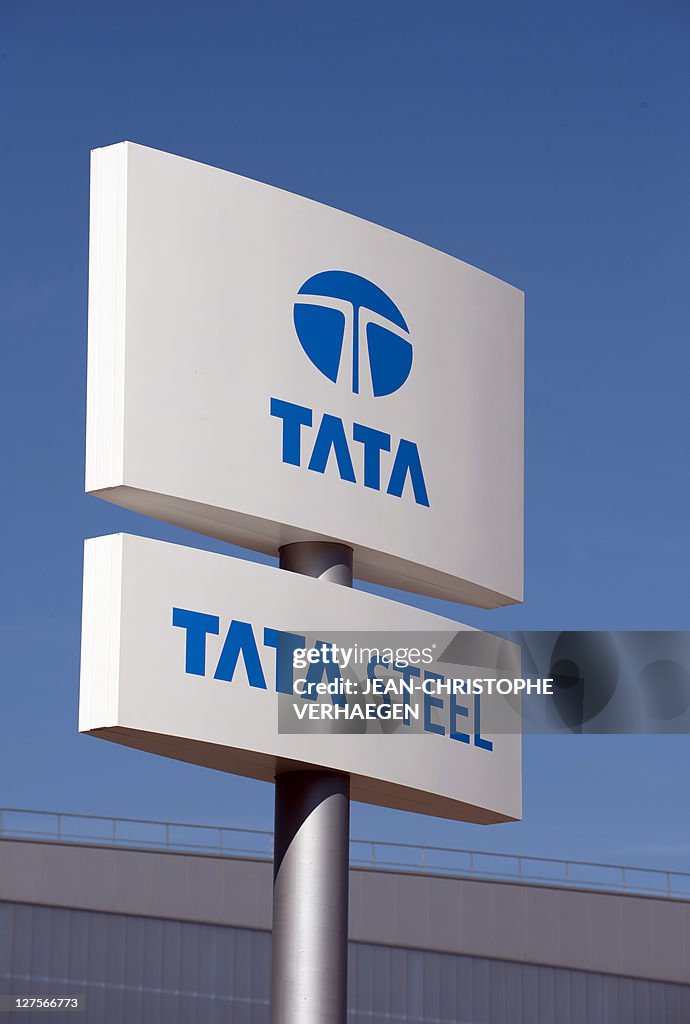 Logo of Tata Steel taken at the group's France Rail plant in the