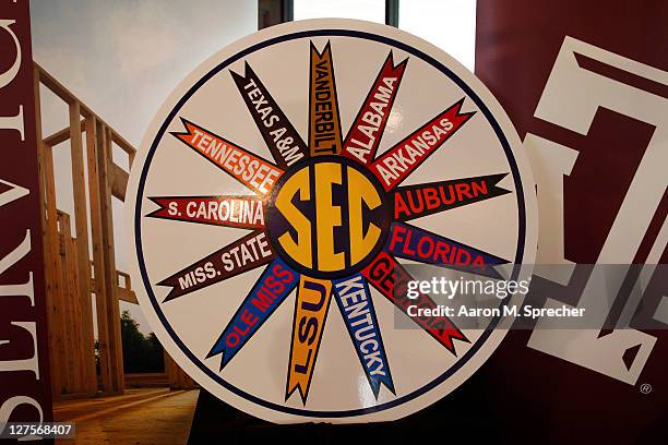 Detail view of the Southeastern Conference logo with all 13 member universities is seen during a press conference for the Texas A&M Aggies accepting...