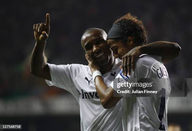 Giovani dos Santos of Tottenham Hotspur celebrates with Jermain Defoe as he scores their third goal with a header during the UEFA Europa League Group...