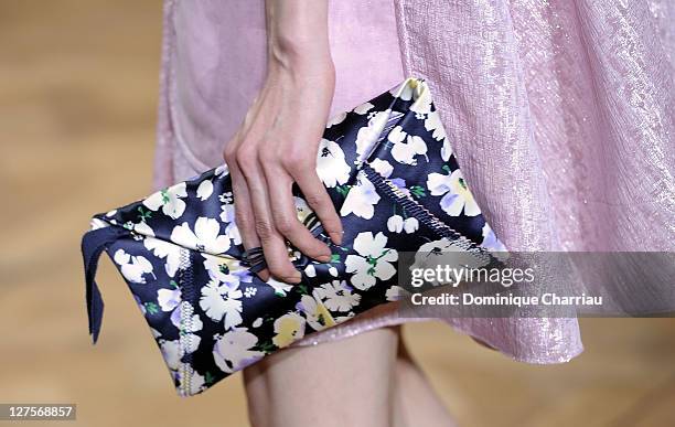 Handbag carried by a model as she walks the runway during the Nina Ricci Ready to Wear Spring / Summer 2012 show during Paris Fashion Week on...