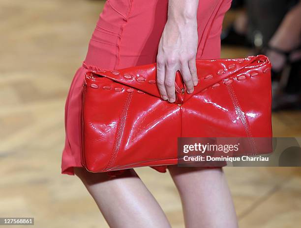 Handbag carried by a model as she walks the runway during the Nina Ricci Ready to Wear Spring / Summer 2012 show during Paris Fashion Week on...