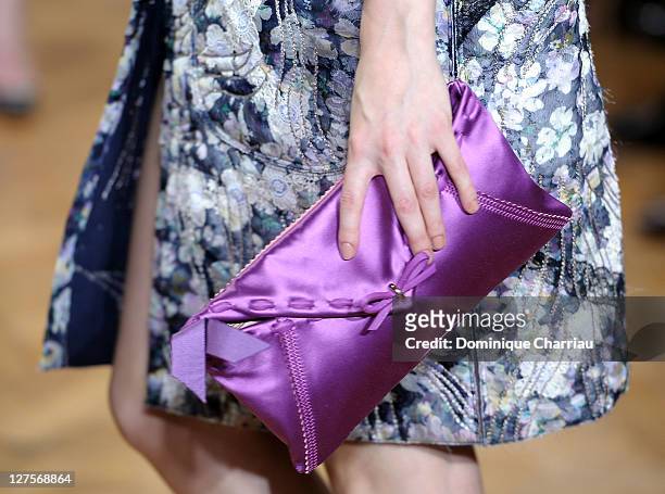 Handbag carried by a model as she walks the runway during the Nina Ricci Ready to Wear Spring / Summer 2012 show during Paris Fashion Week on...