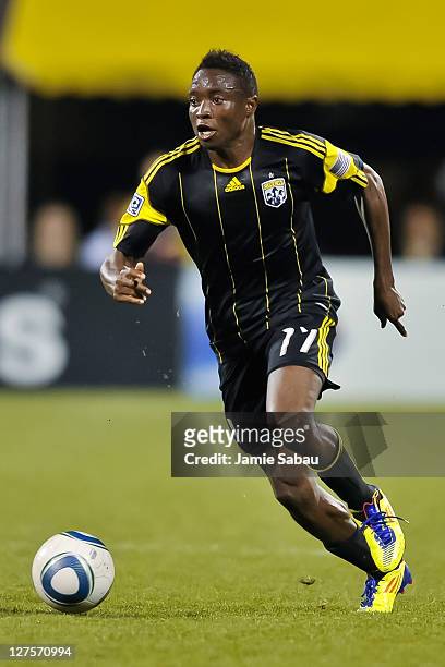 Emmanuel Ekpo of the Columbus Crew controls the ball against the Los Angeles Galaxy on September 24, 2011 at Crew Stadium in Columbus, Ohio.