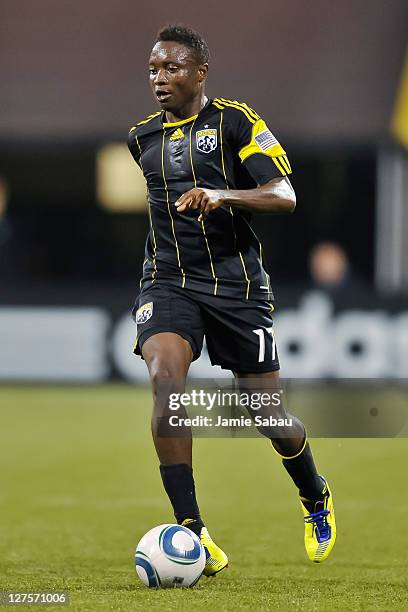 Emmanuel Ekpo of the Columbus Crew controls the ball against the Los Angeles Galaxy on September 24, 2011 at Crew Stadium in Columbus, Ohio.