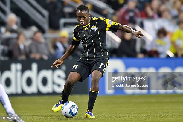 Emmanuel Ekpo of the Columbus Crew controls the ball against the Los Angeles Galaxy on September 24, 2011 at Crew Stadium in Columbus, Ohio.