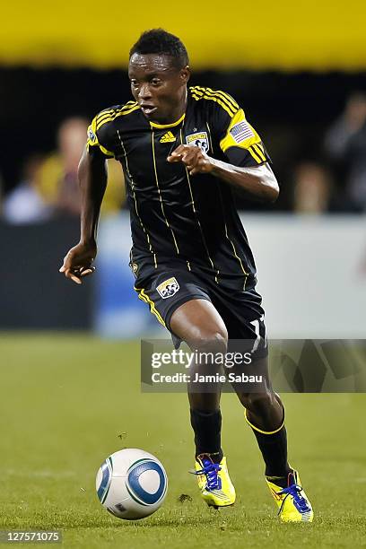 Emmanuel Ekpo of the Columbus Crew controls the ball against the Los Angeles Galaxy on September 24, 2011 at Crew Stadium in Columbus, Ohio.