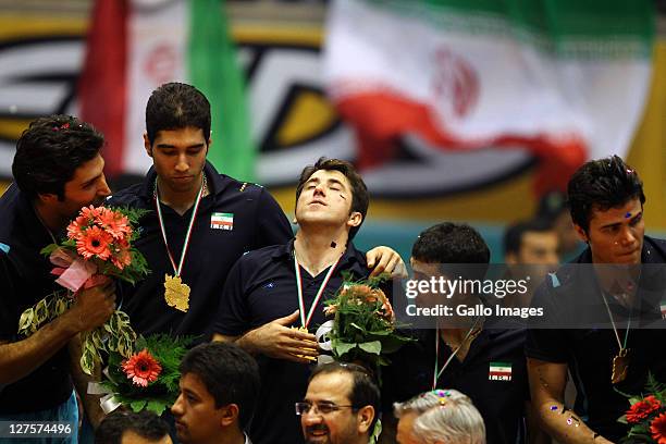 Alireza Nadi, Mohammad Mousavi, Amir Hosseini, Farhad Zarif and Mehdi Mahdavi celebrate winning the 16th Asian Senior Men's Volleyball Championship...