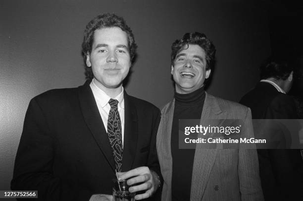 Authors Bret Easton Ellis and Jay McInerney pose for a photo at an event in April 1989 in New York City, New York.