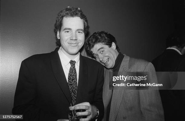 Authors Bret Easton Ellis and Jay McInerney pose for a photo at an event in April 1989 in New York City, New York.