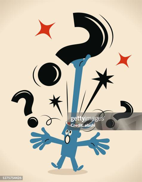 one man's head is opening and then a hand with big question mark is popping out - offbeat stock illustrations