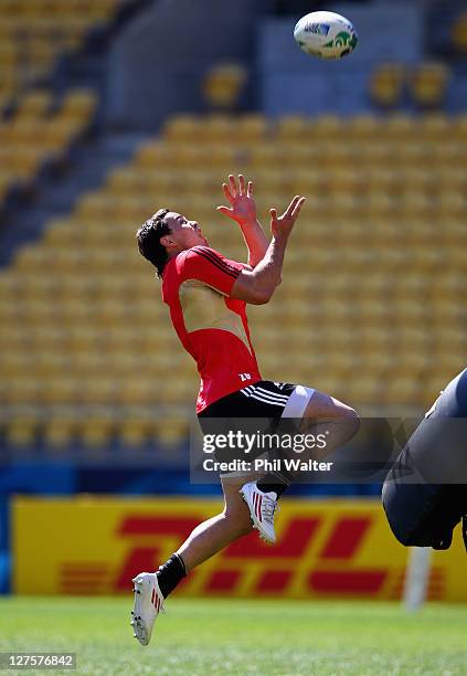 Zac Guildford of the All Blacks gets under the high ball during a New Zealand All Blacks IRB Rugby World Cup 2011 training session at the Wellington...