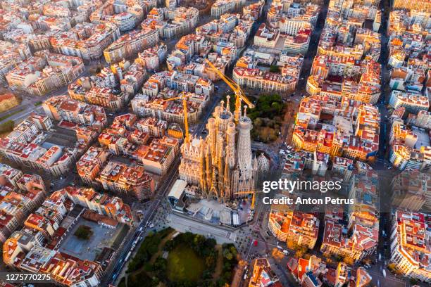 dawn aerial view of barcelona, spain - barcelona sagrada familia stock-fotos und bilder