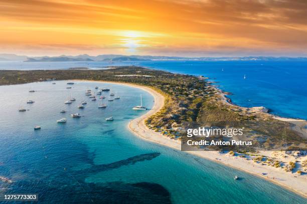 aerial view of the clear beach and turquoise water of formentera, ibiza - ibiza strand stock pictures, royalty-free photos & images