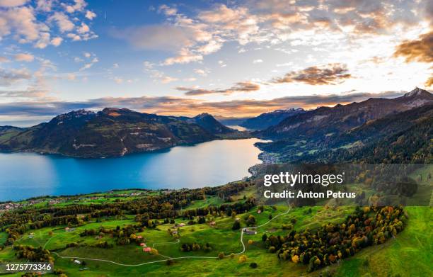 aerial view of lake thun and bernese alps. bernese oberland, switzerland - lago thun fotografías e imágenes de stock