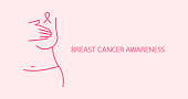 Breast cancer awareness. Pink ribbon sign. Breast cancer October awareness month campaign poster: ribbon sign and woman silhouette