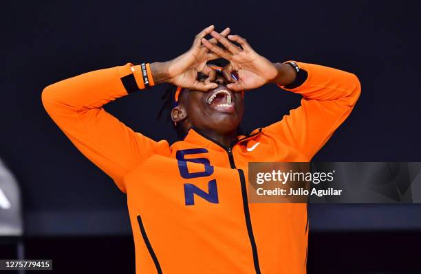 Essence Carson of the Connecticut Sun reacts to a three point baskey during the second half of Game 2 of their Third Round playoffs against the Las...