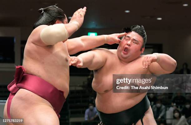 Ozeki Takakeisho and sekiwake Daieisho compete on day ten of the Grand Sumo Autumn Tournament at Ryogoku Kokugikan on September 22, 2020 in Tokyo,...