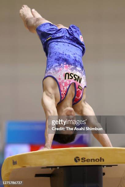 Kenzo Shirai competes in the Horse Vault on day three of the 53rd Artistic Gymnastics Senior & Masters Championships at the Takasaki Arena on...