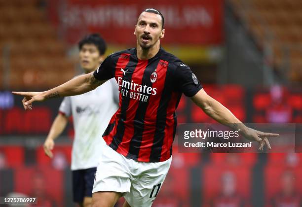 Zlatan Ibrahimovic of AC Milan celebrates after scoring the opening goal during the Serie A match between AC Milan and Bologna FC at Stadio Giuseppe...