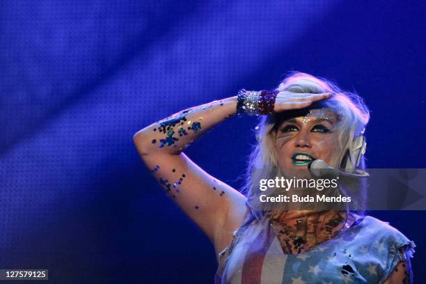 Singer Ke$ha performs on stage during a concert in the Rock in Rio Festival on September 29, 2011 in Rio de Janeiro, Brazil. Rock in Rio Festival...
