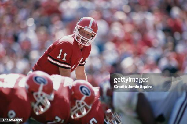 Brian Smith, Quarterback for the University of Georgia Bulldogs calls the play on the line of scrimmage during the NCAA Southeastern Conference...