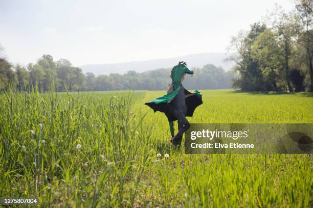 girl (6-7) in green dragon costume playing in a treelined field - eskapismus stock-fotos und bilder