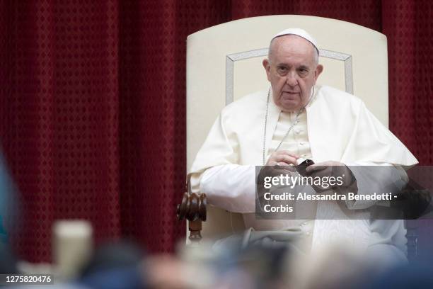 Pope Francis leads his general weekly audience at St. Damaso Court on September 23, 2020 in Vatican City, Vatican.