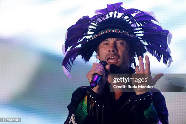 Jamiroquai performs on stage during a concert in the Rock in Rio Festival on September 29, 2011 in Rio de Janeiro, Brazil. Rock in Rio Festival comes...