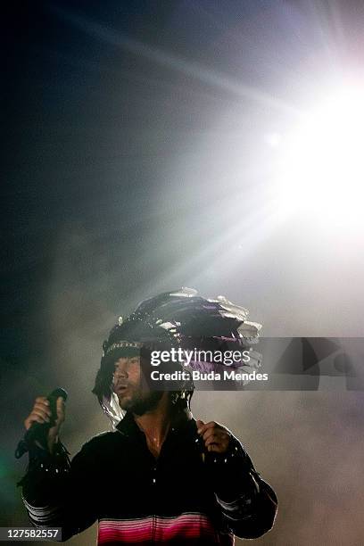 Jamiroquai performs on stage during a concert in the Rock in Rio Festival on September 29, 2011 in Rio de Janeiro, Brazil. Rock in Rio Festival comes...