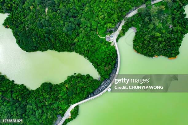 香港、カムシャンカントリーパーク、コムシャン貯水池のダム上の橋の空中写真 - ダム ストックフォトと画像