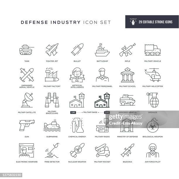 stockillustraties, clipart, cartoons en iconen met defensie-industrie bewerkbare lijn lijn pictogrammen - weaponry