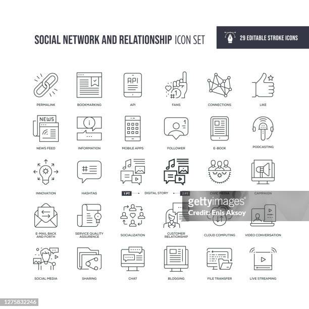social network und beziehung editierbare strichlinie icons - bloggen stock-grafiken, -clipart, -cartoons und -symbole
