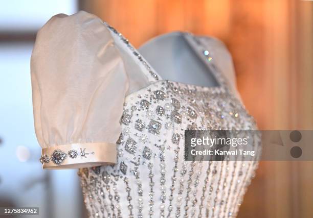 Princess Beatrice of York's wedding dress on display at Windsor Castle on September 23, 2020 in Windsor, England. Princess Beatrice and Edoardo...