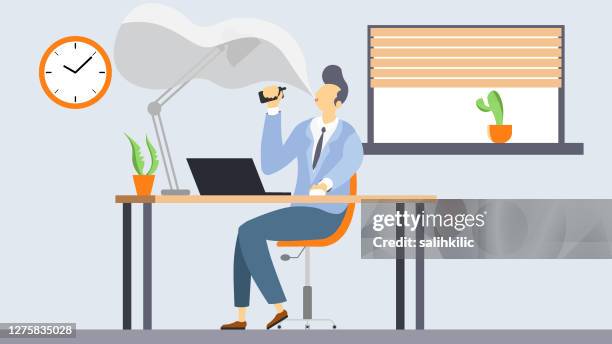 male flat character exhaling vape smoke in the office - teenager alter stock illustrations