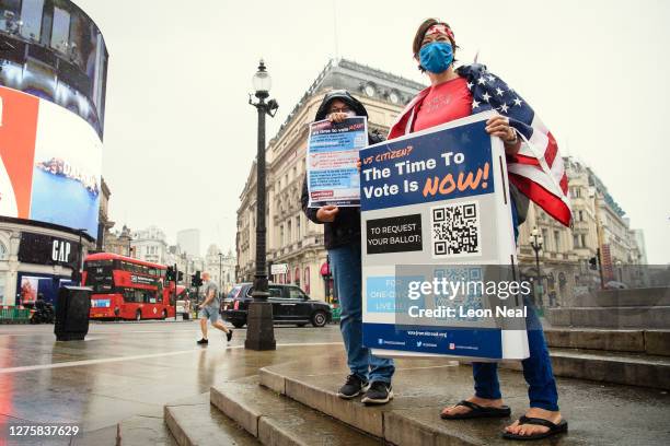 Caryn Jenner and Laura Vogel of "Vote From Abroad" attempt to sign up US citizens to vote in the upcoming US election, on September 23, 2020 in...