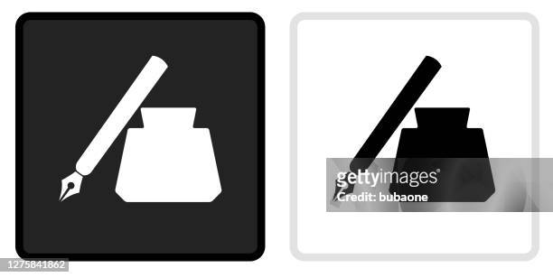 ink pen icon on  black button with white rollover - fountain pen stock illustrations