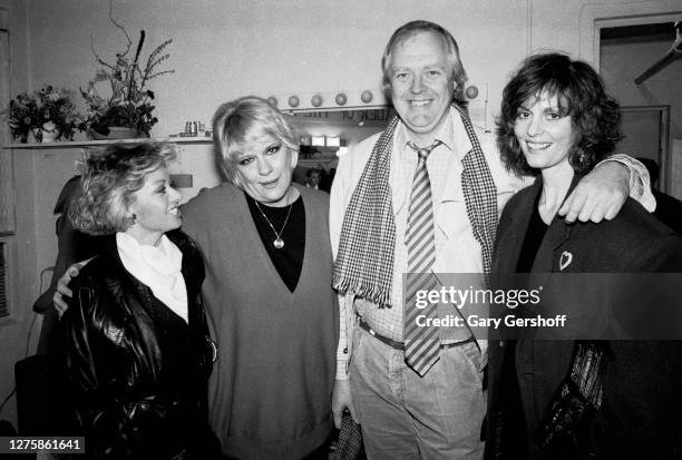 Portrait of, from left, English singer & actress Elaine Paige, American Pop musician Ellie Greenwich , English lyricist Tim Rice, and American...