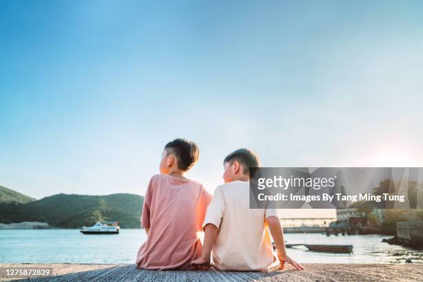 rear view of two little brothers sitting side by side at pier during sunset - children sitting back foto e immagini stock