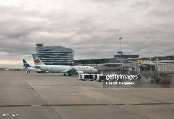 airplanes at edmonton international airport - edmonton industrial stock pictures, royalty-free photos & images