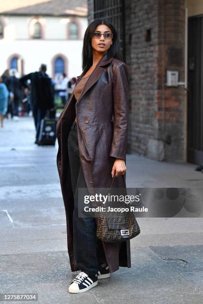 Imaan Hammam is seen arriving at the Alberta Ferretti fashion show during the Milan Women's Fashion Week on September 23, 2020 in Milan, Italy.