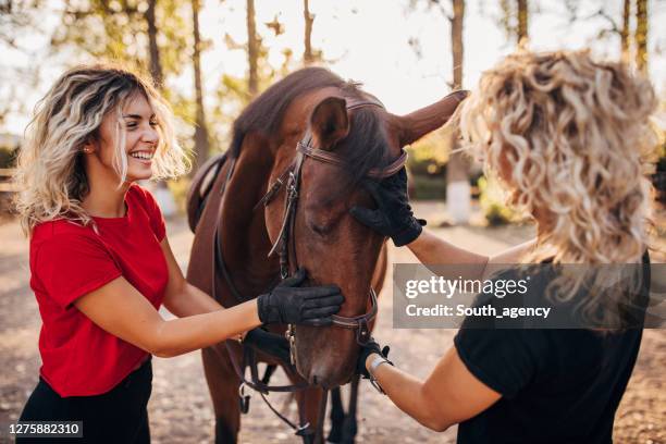 cheerful women cuddle horse at farm - horseback riding stock pictures, royalty-free photos & images