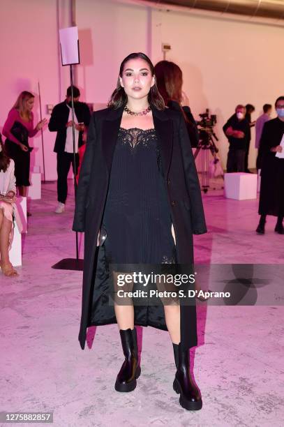 Karina Nigay is seen arriving at the Blumarine fashion show during the Milan Women's Fashion Week on September 23, 2020 in Milan, Italy.
