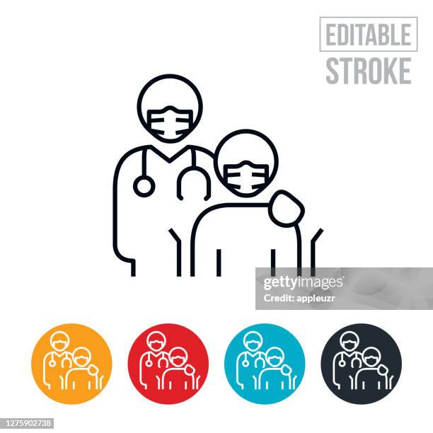 醫生和病人在輪椅上戴著面罩細線圖示 - 可編輯中風。 - 善終護理院 幅插畫檔、美工圖案、卡通及圖標